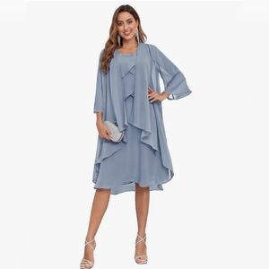 Mother Of The Bride/Groom Silver/Gray Layered Chiffon Dress with Draped Jacket